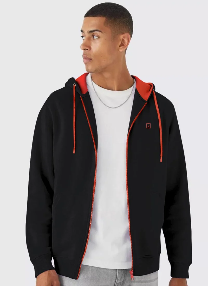 Urbano Fashion Men's Black, Red Cotton Zippered Hooded Sweatshirt
